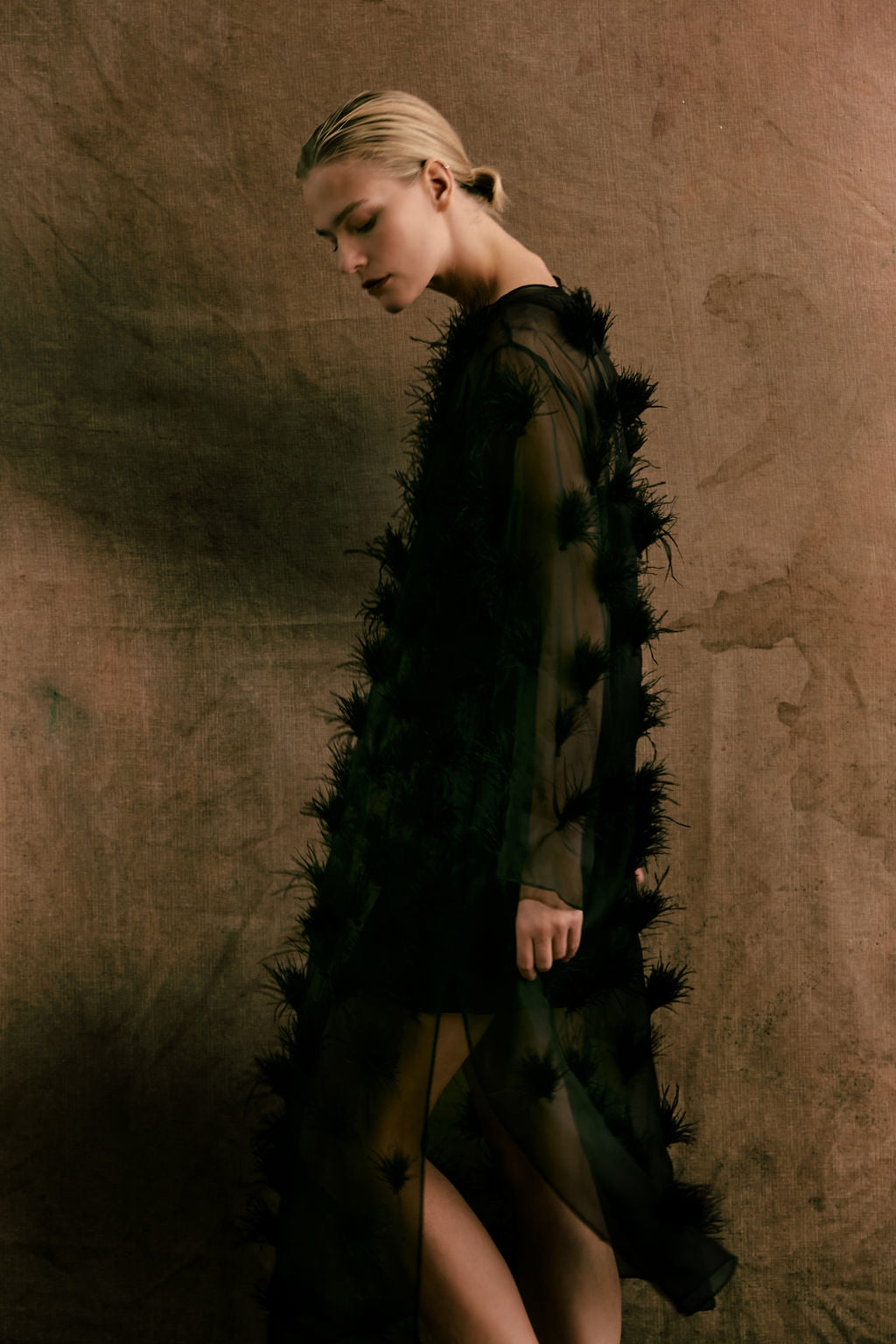 vestido bordado plumas