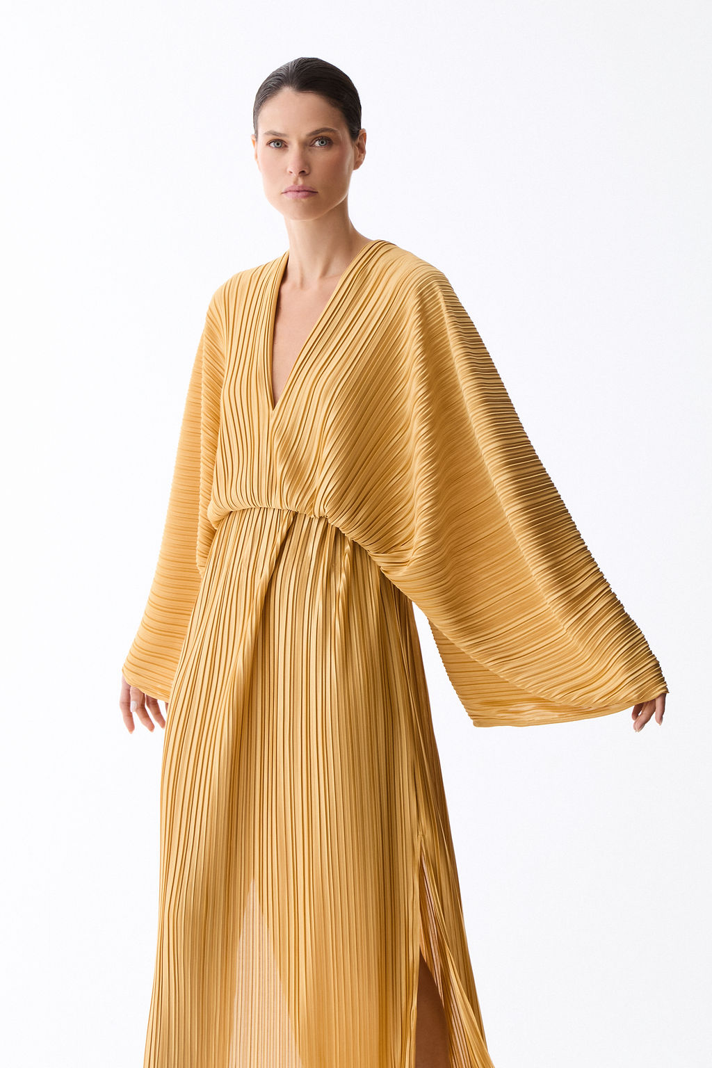 vestido plissado mangas new gold