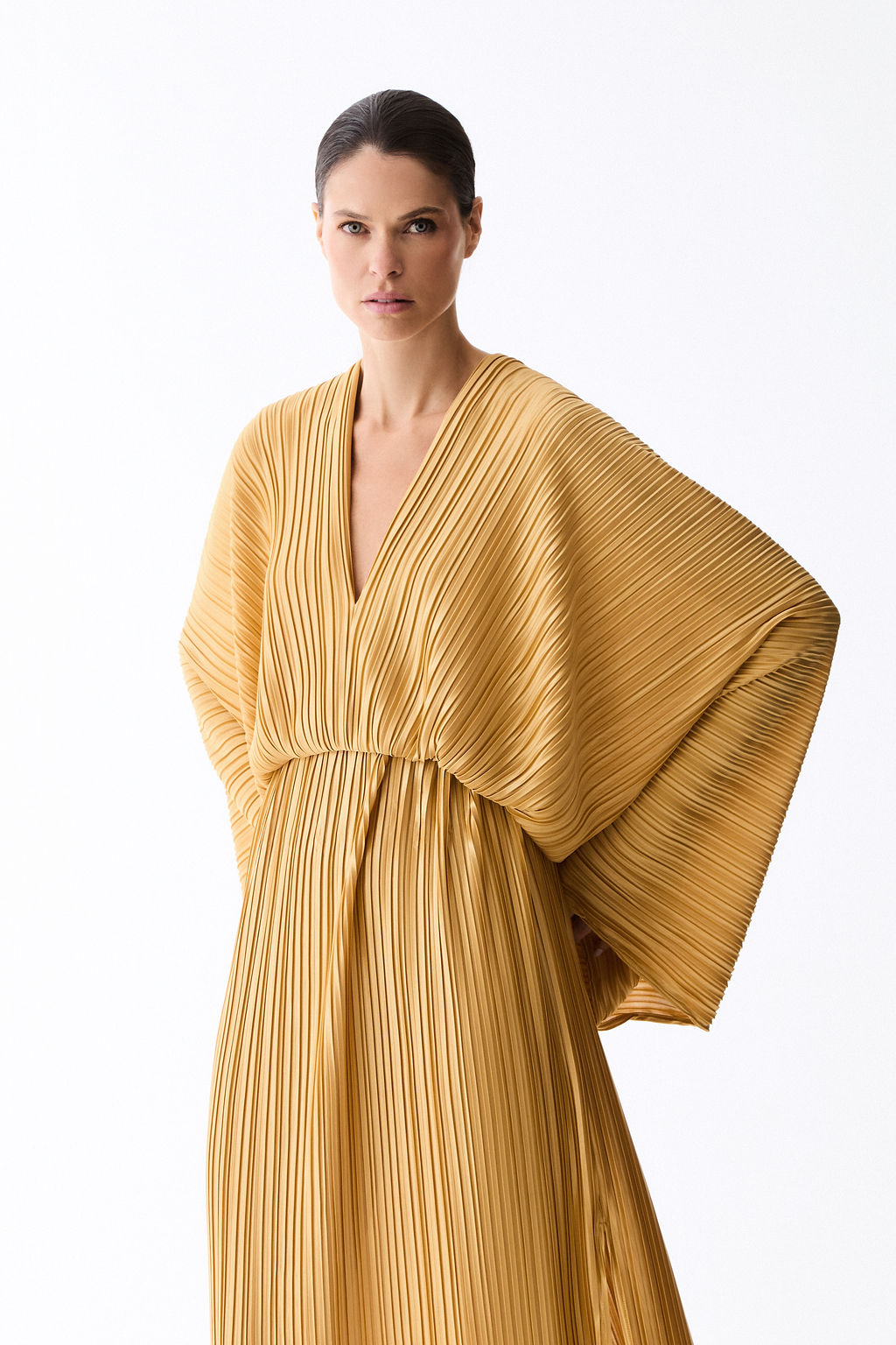 vestido plissado mangas new gold
