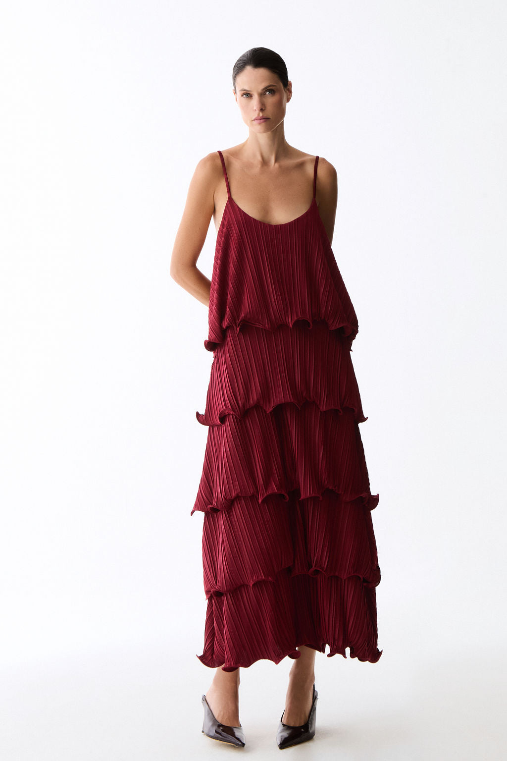 vestido camadas longuete burgundy