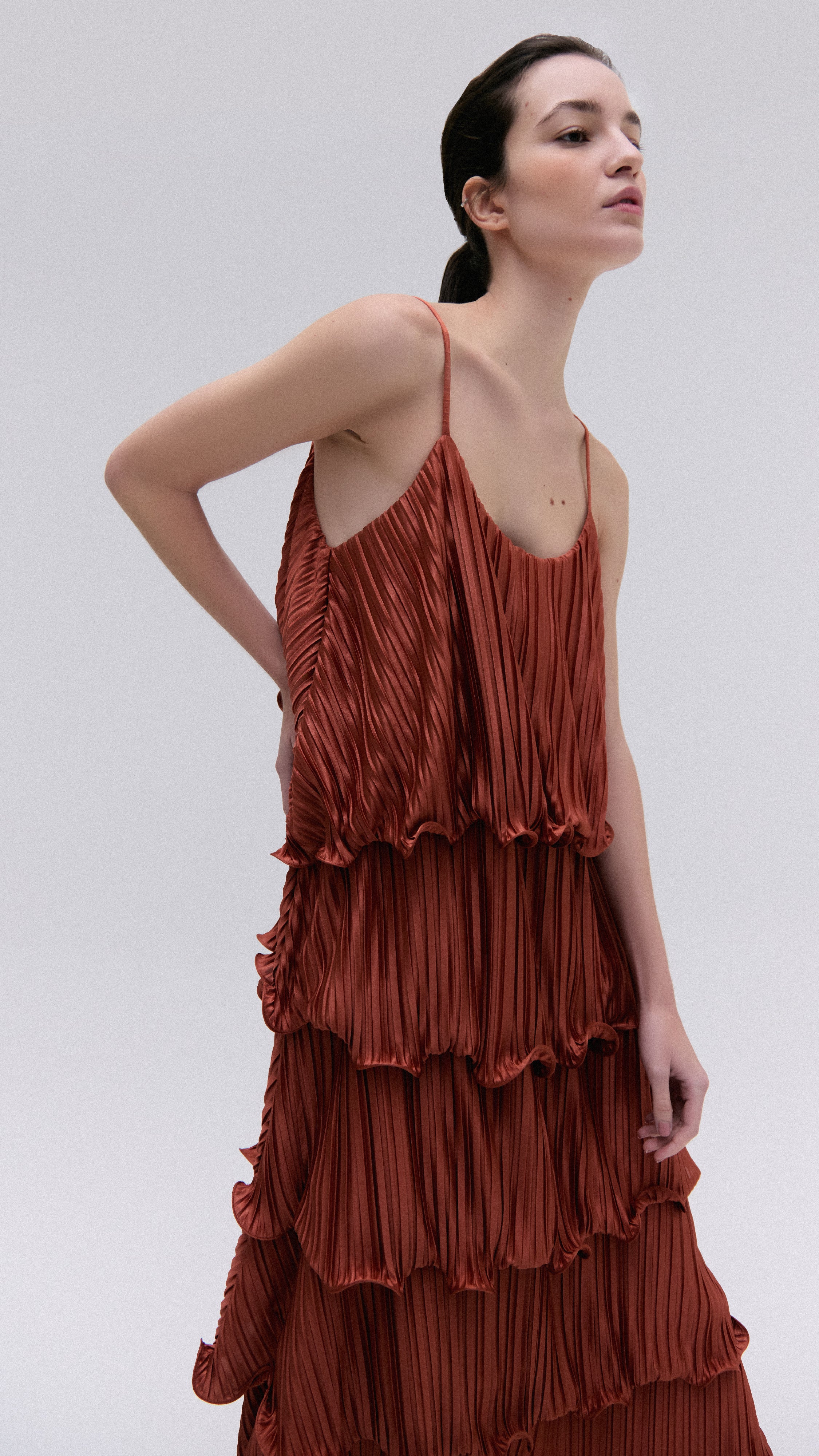 terracotta pleated layered dress
