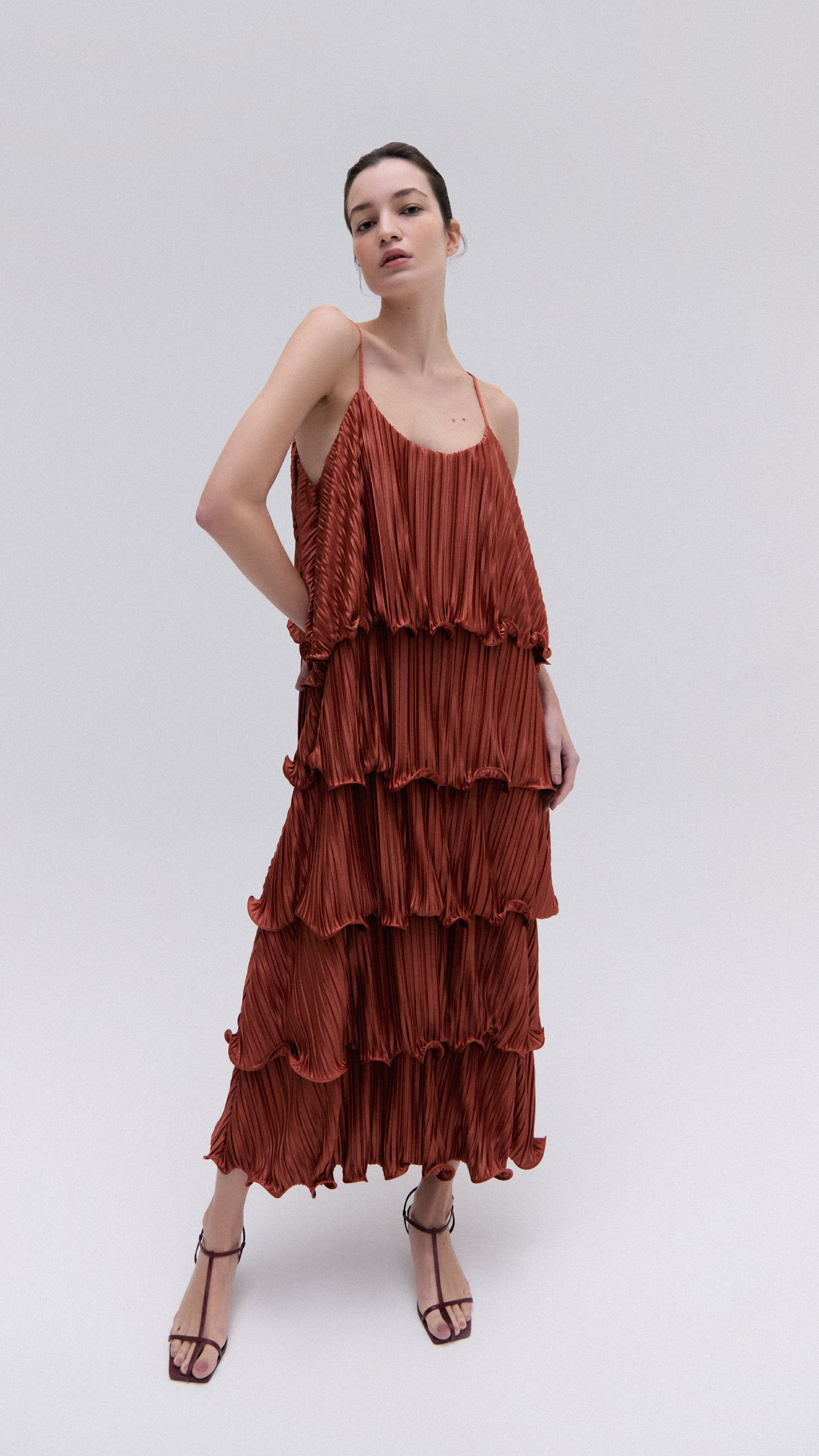 terracotta pleated layered dress