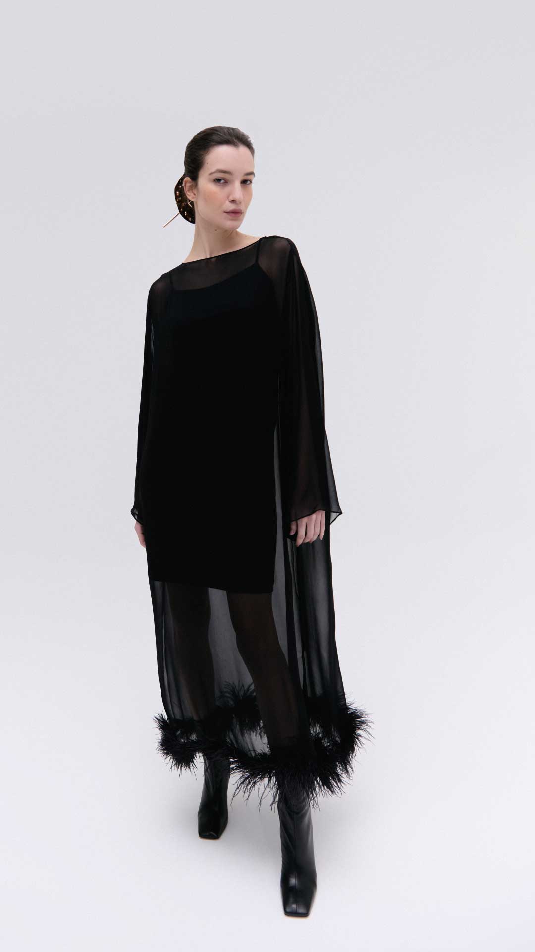black feather hem dress