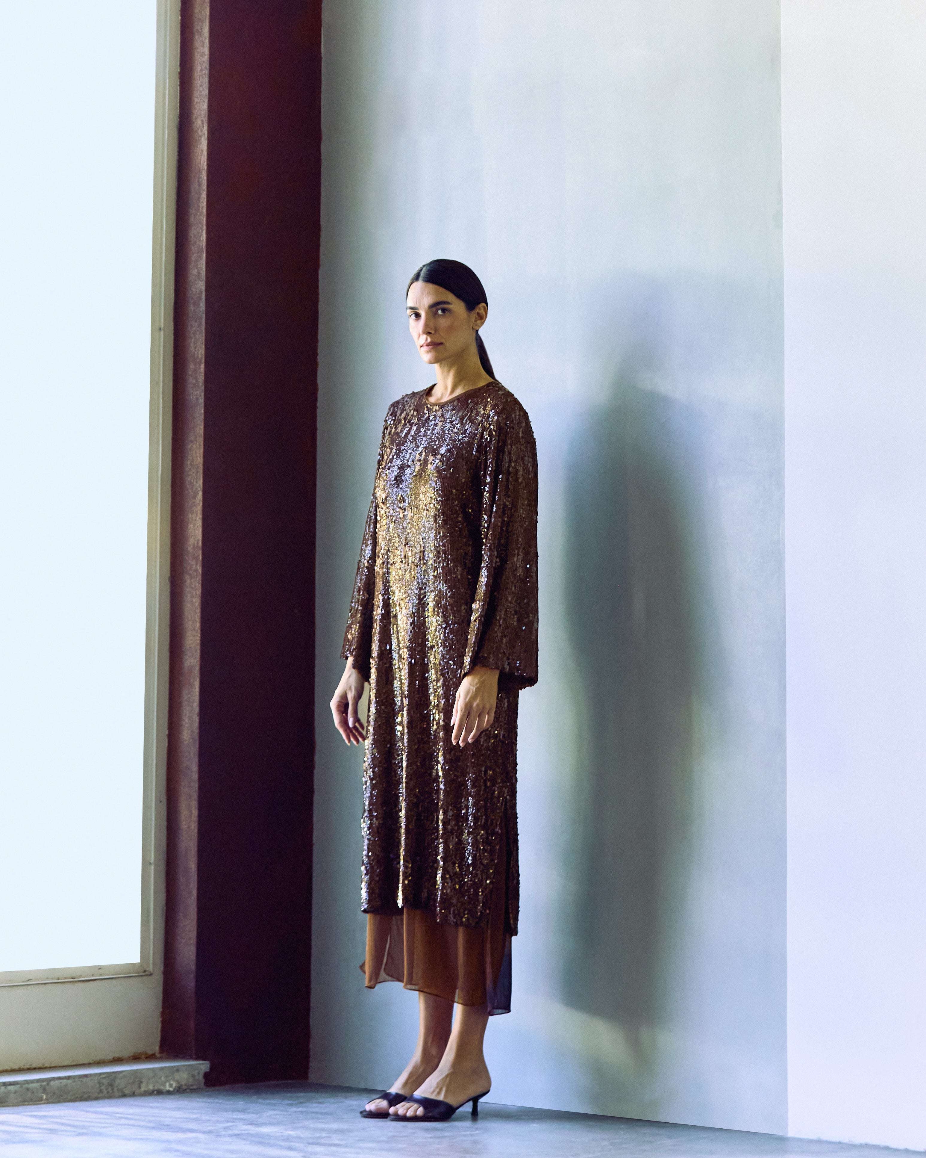 vestido paetê chiffon