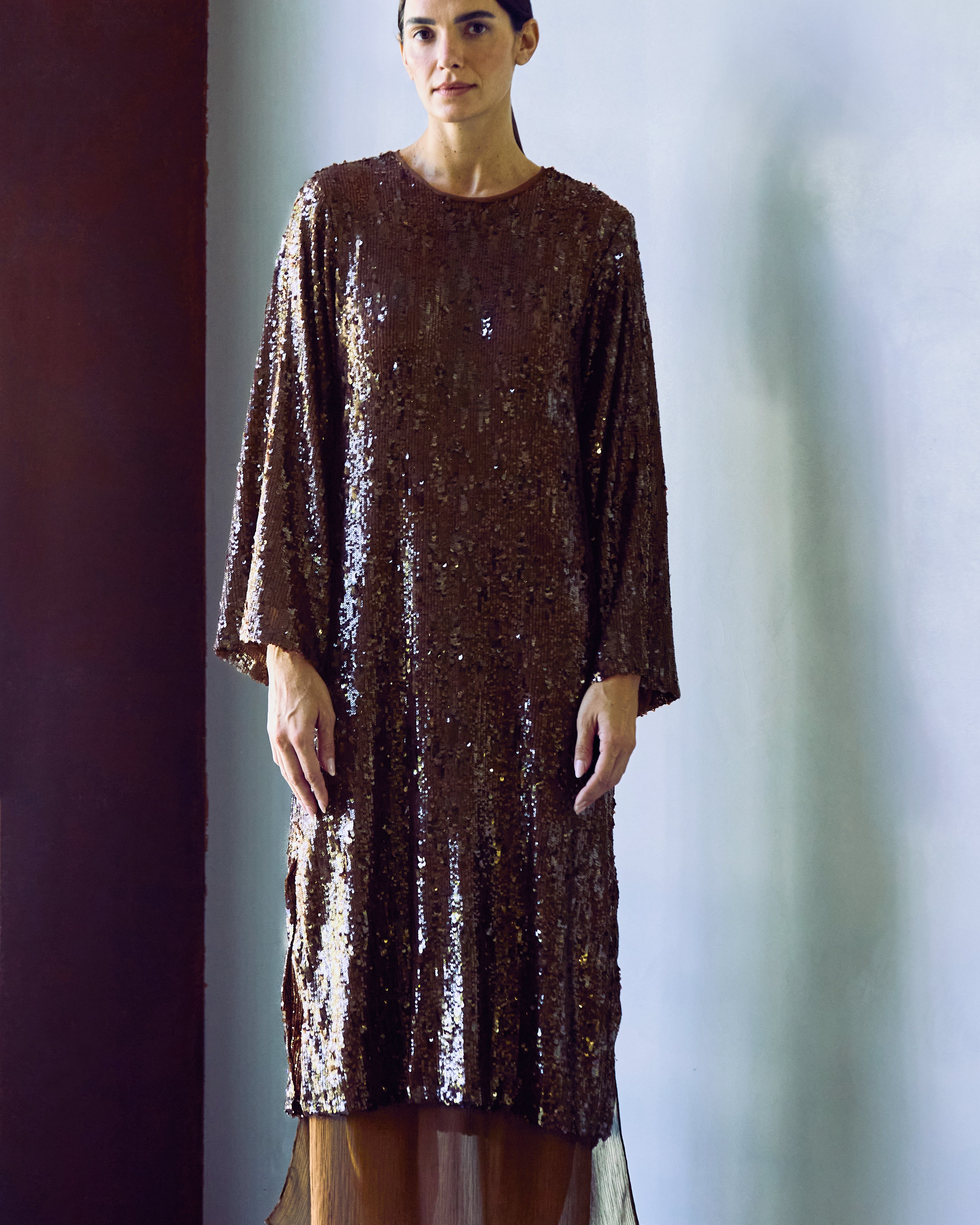 vestido paetê chiffon