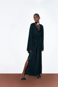 black pleated dress with sleeves