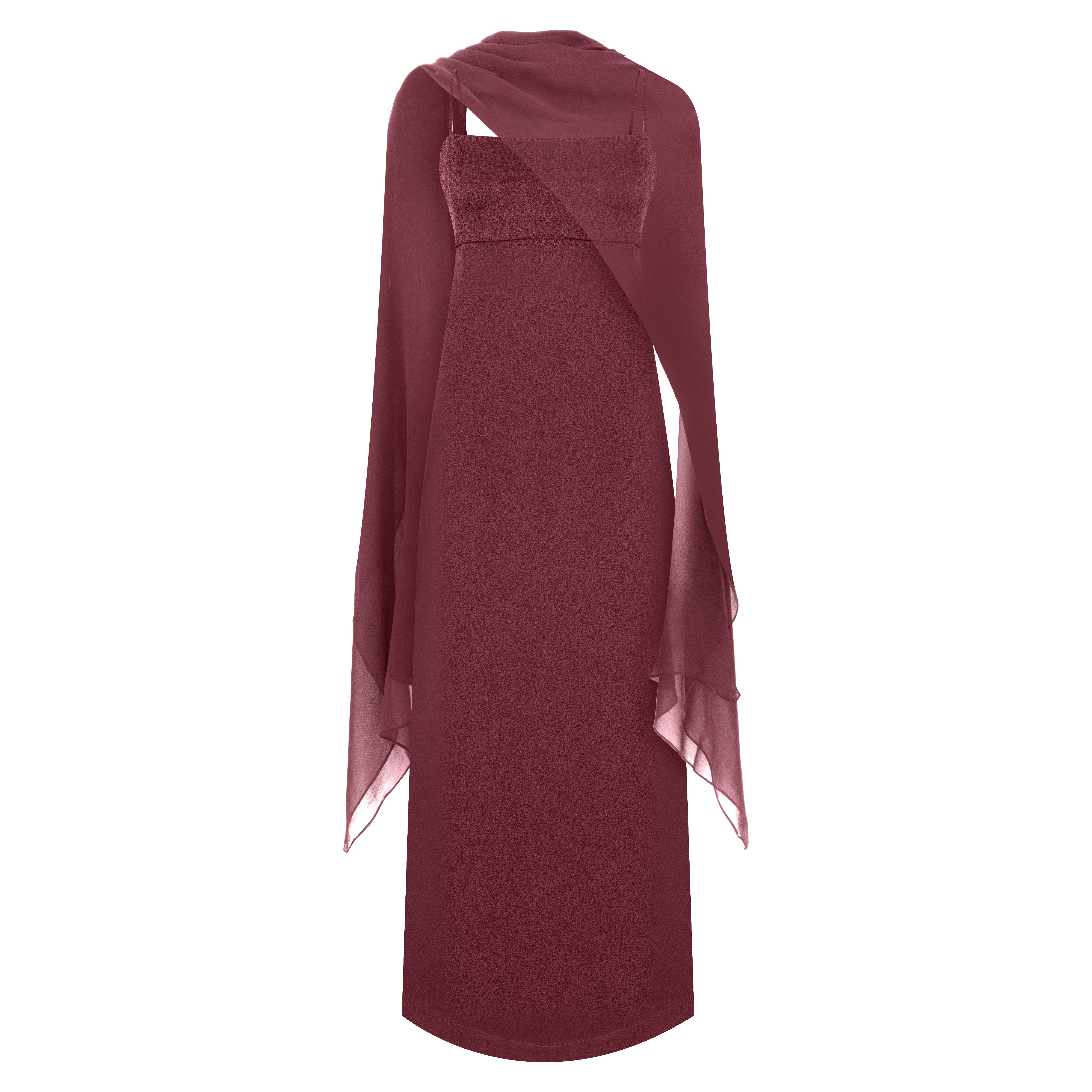 vestido cafezal com echarpe vinho