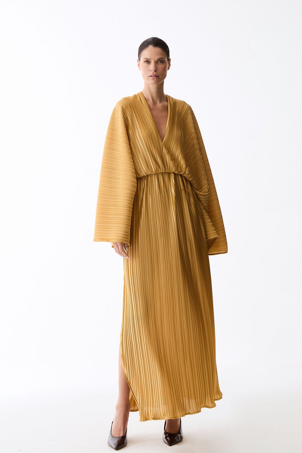 vestido plissado mangas new gold
