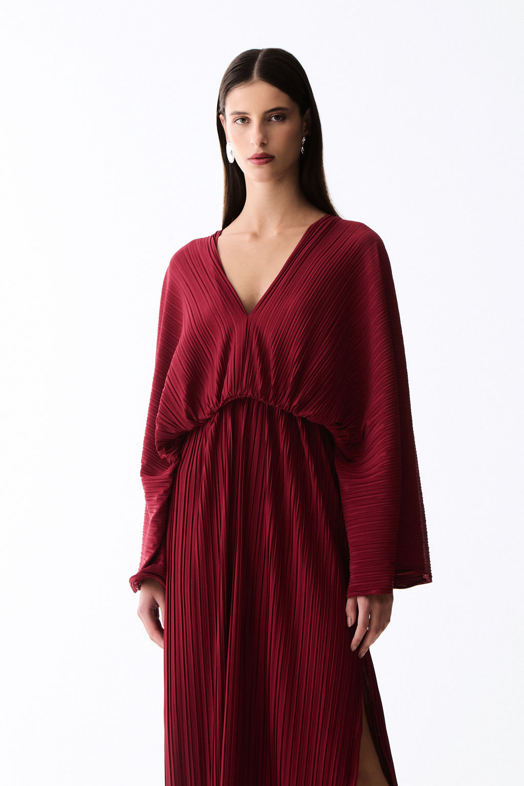 vestido plissado mangas  burgundy