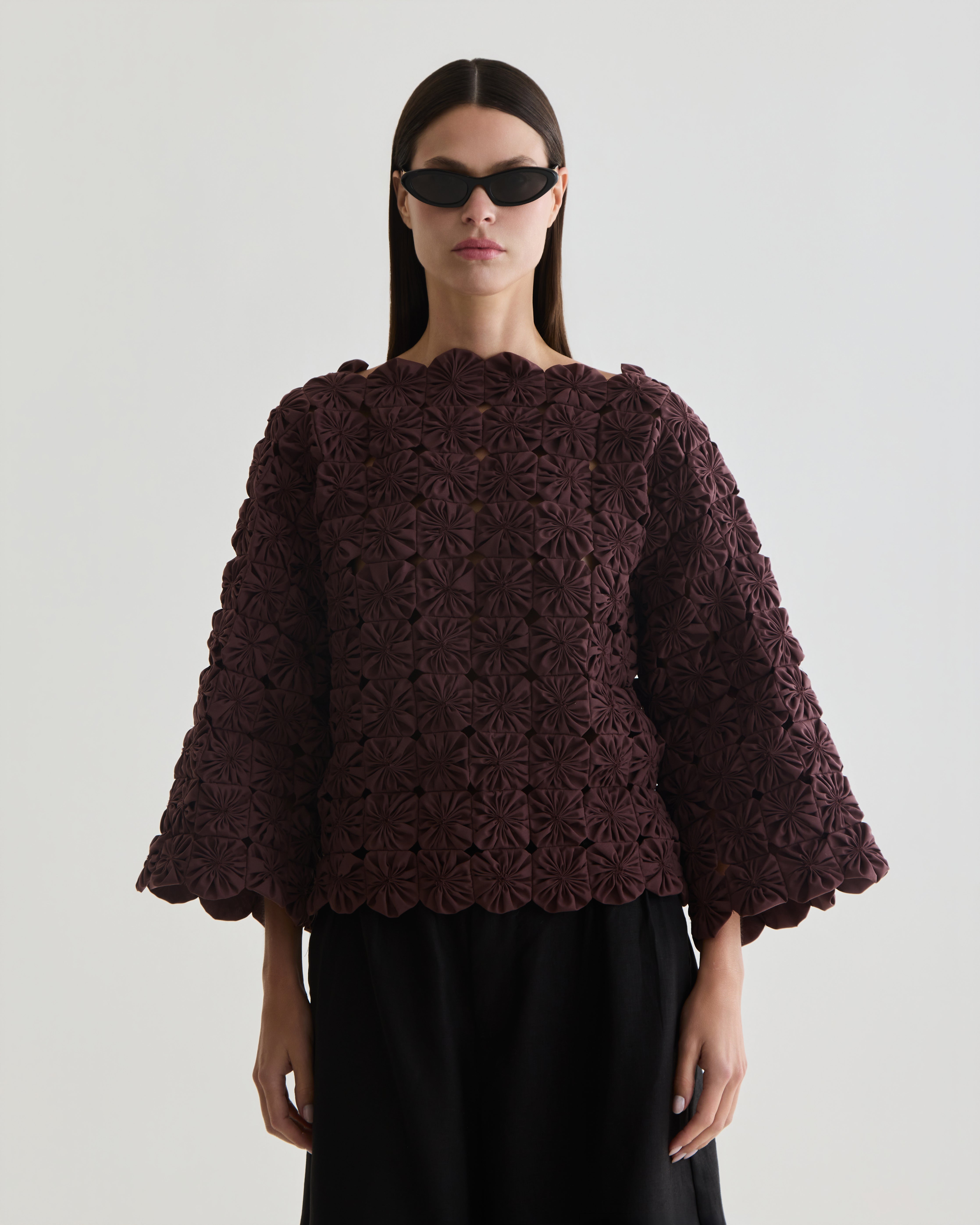 blusa fuxico marrom