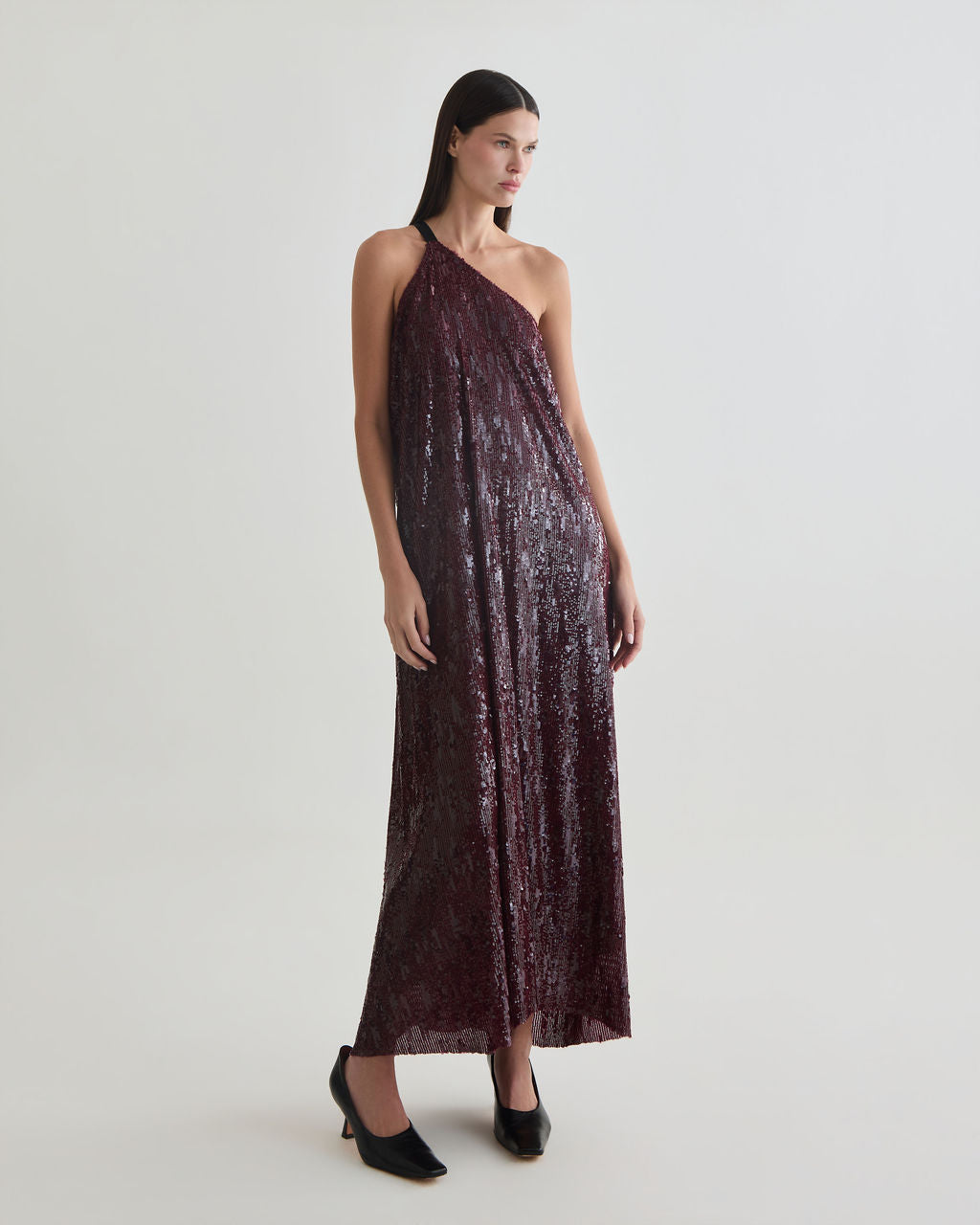 vestido alga paetê marsala