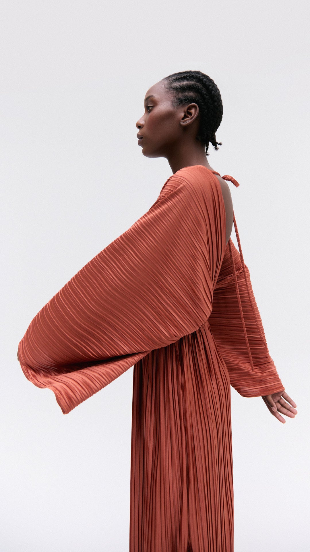 pleated dress with terracotta sleeves