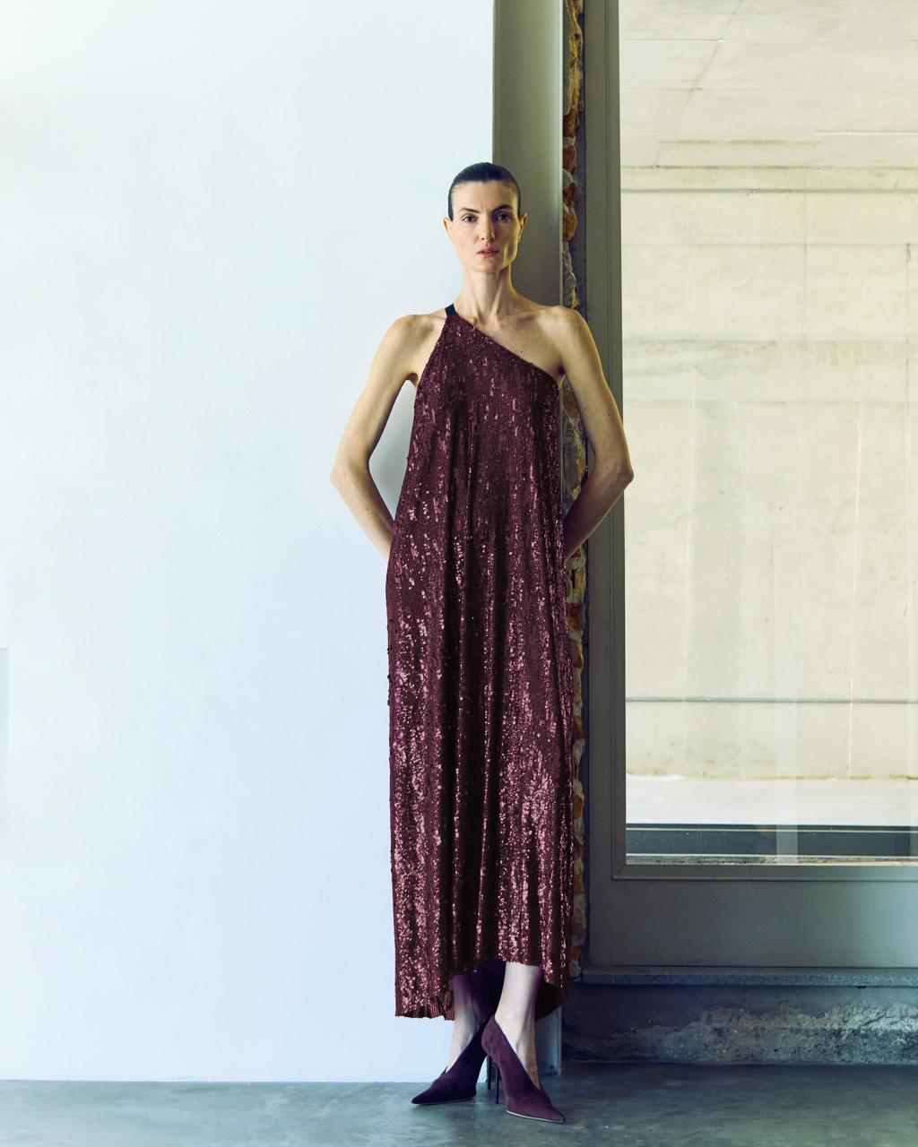 vestido alga paetê marsala