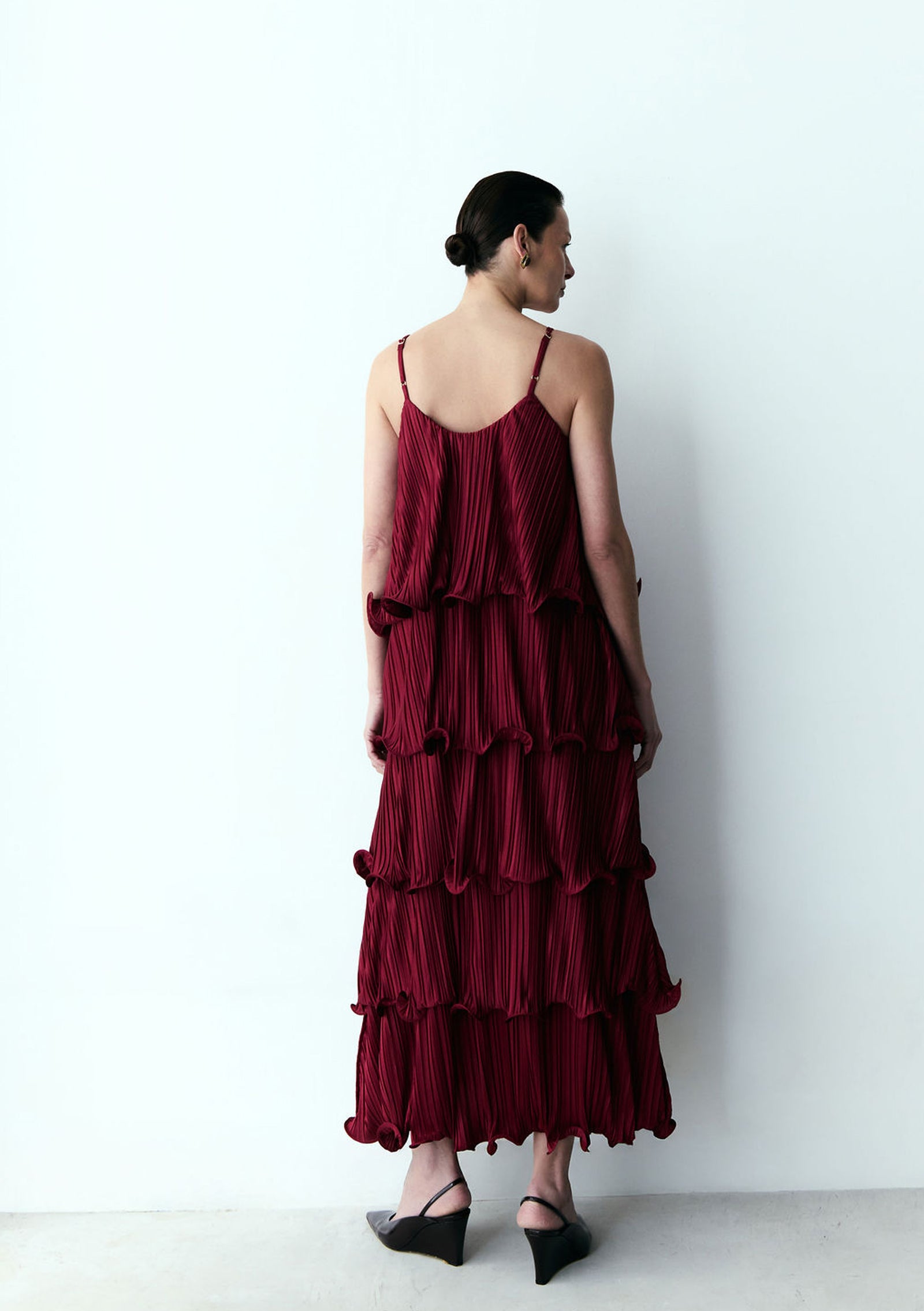 vestido camadas longuete burgundy