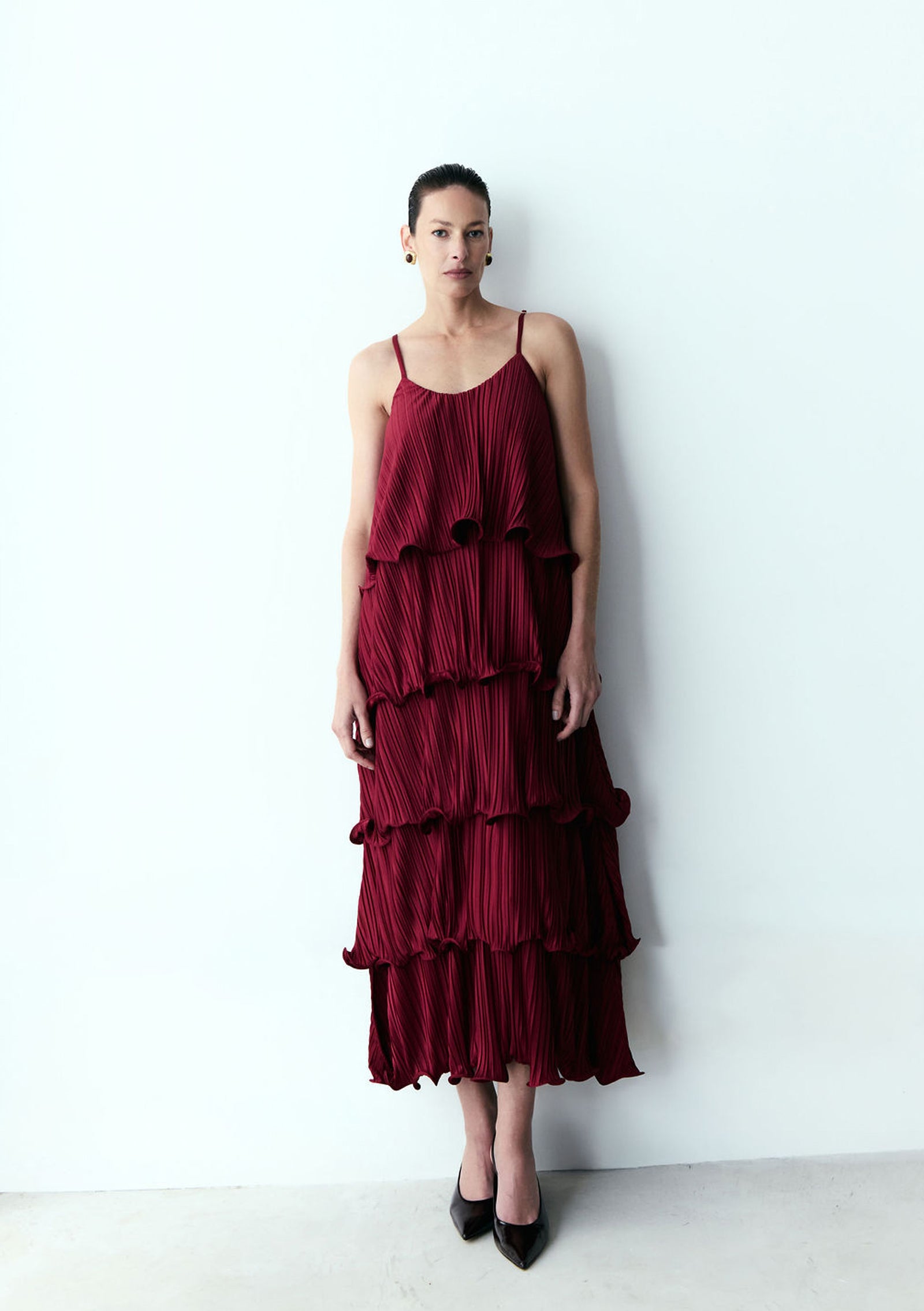 vestido camadas longuete burgundy