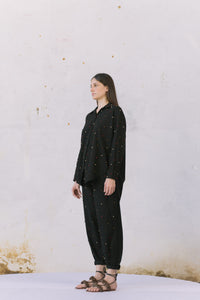 black embroidered linen tailored pants