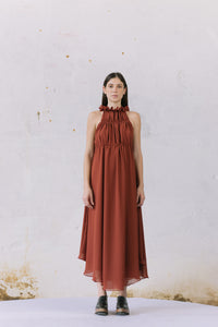 Terracotta ruffle halter dress - pre-order
