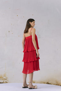 red pleated layered skirt